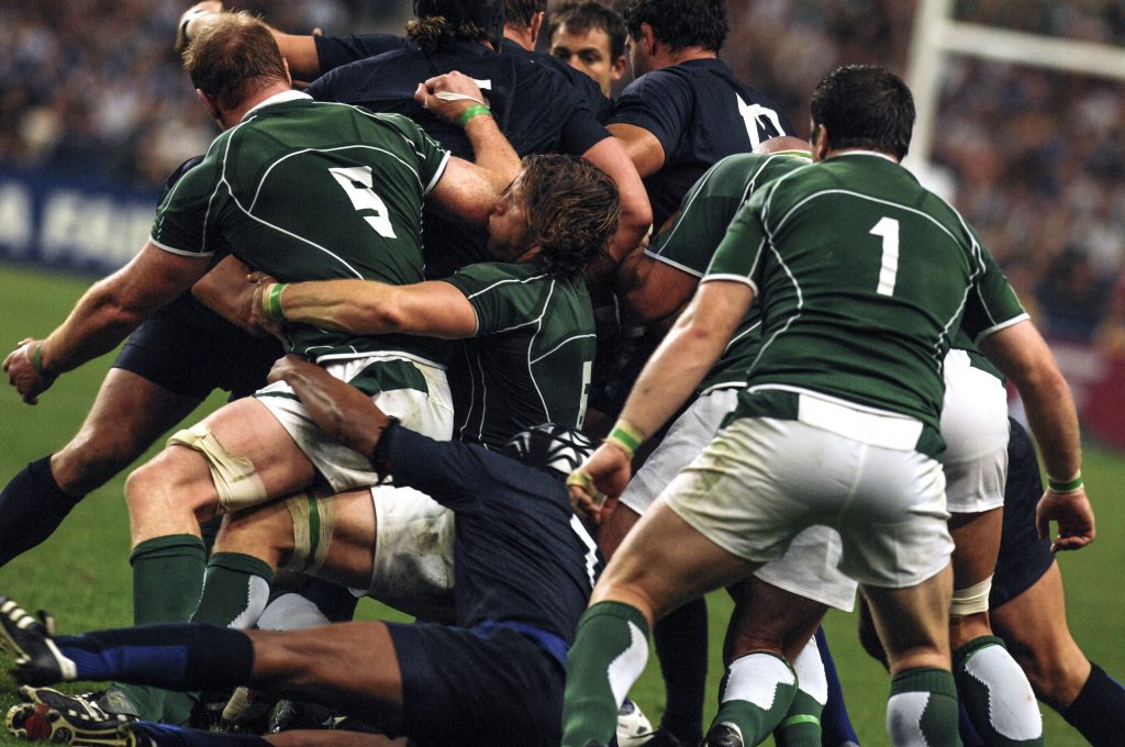 irish and french players with fighting for the ball during the match France vs Ireland, of the Rugby World Cup, in Paris.